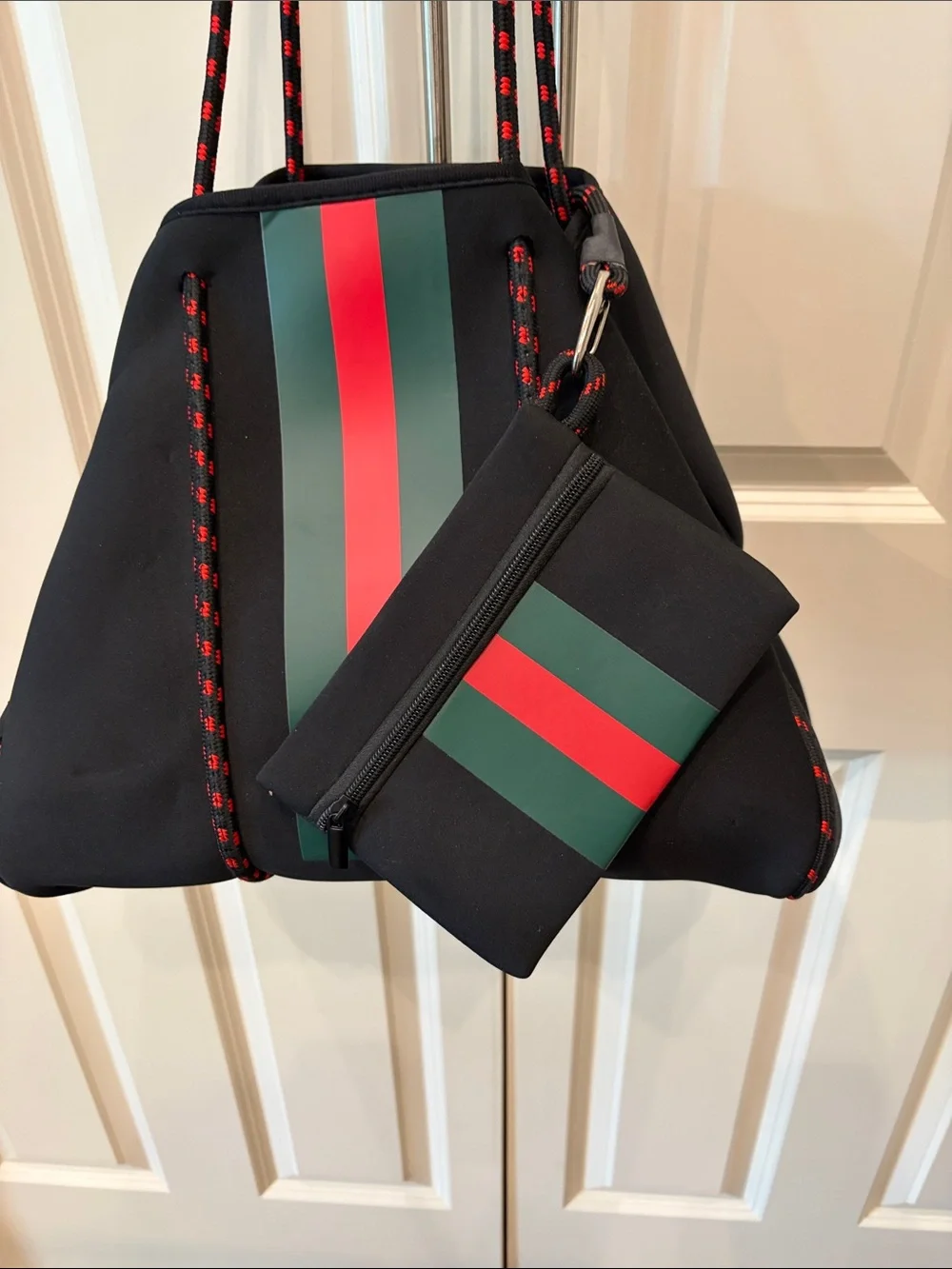 Black Neoprene Tote Bag Varsity Red & Green Stripe & Rope Handles